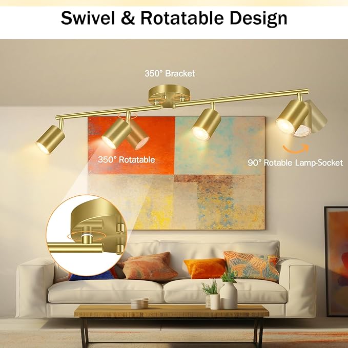 Track Lighting Ceiling Fixture Gold, Modern Kitchen Light Fixtures Ceiling, 4-Light Rotatable LED Track Lights, Semi Flush Wall Spotlight for Living Room/Hallway/Office(GU10 Socket, Bulb Not Included)