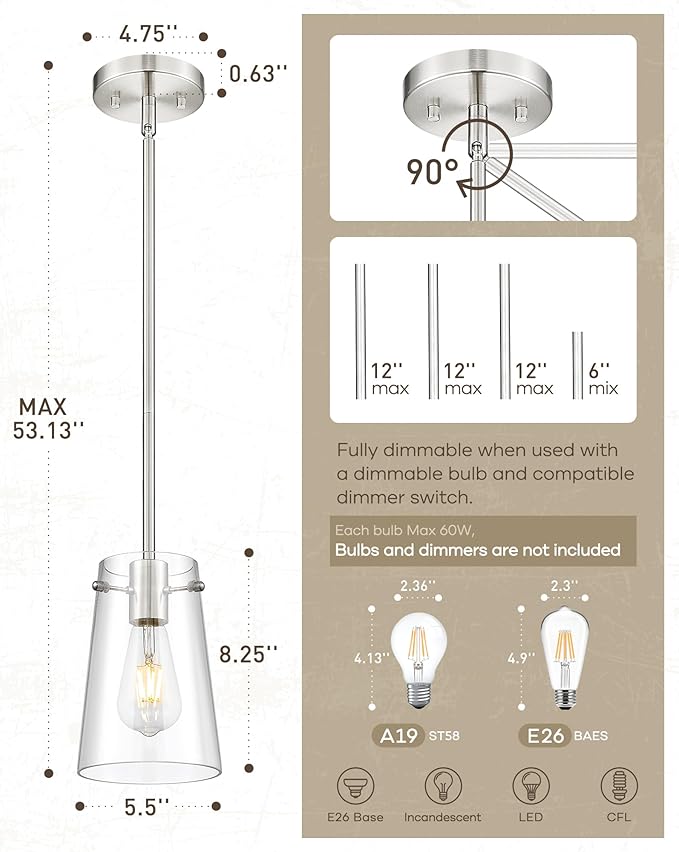 Beionxii Pendant Lights Kitchen Island 2 Pack, Brushed Nickel Hanging Lights Fixtures with Clear Glass, Kitchen Pendant Lighting Over Island, Hanging Lights for Sink Dining Room Entryway BX-PL03BN-2CG