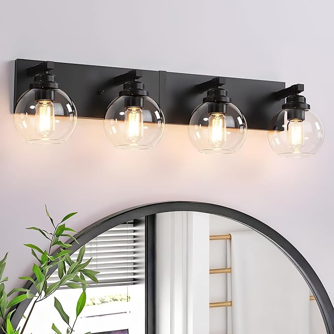LmnLvn Bathroom Light Fixtures, 4-Light Matte Black Vanity Lights, Modern Bathroom Lighting Fixtures Over Mirror, Farmhouse Vanity Lights with Glass Shade for Living Room, Bedroom, Hallway