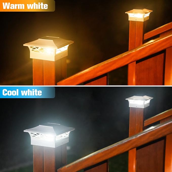 VOLISUN Solar Post Cap Lights: 4 - Pack Outdoor Deck Post Cap Lights White for Dock Fence Waterproof 2 Color Modes,4x4/6x6 Wooden/Vinyl Posts