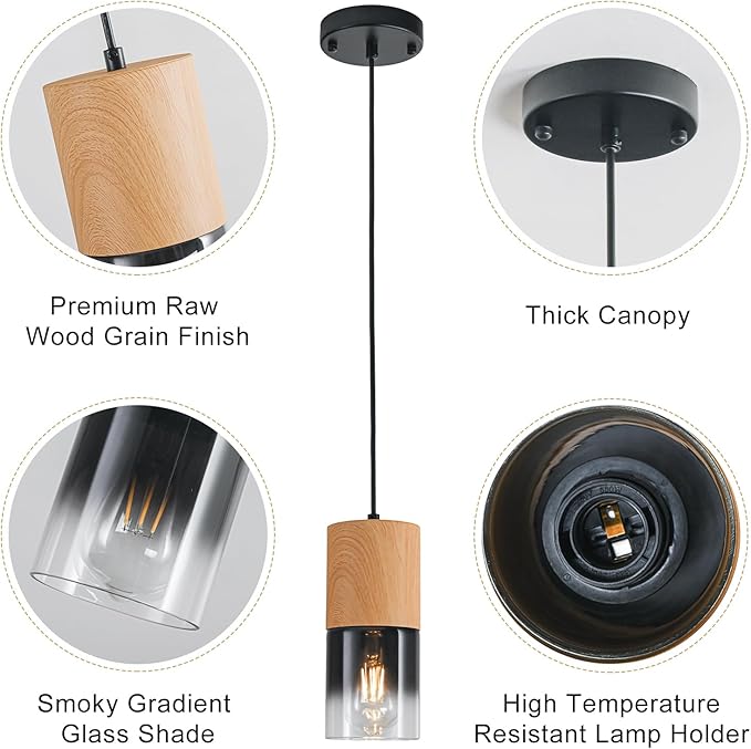 3-Pack Modern Pendant Lights for Kitchen Island, Adjustable Black Pendant Light Fixtures with Raw Wood Grain, Industrial Glass Pendant Lights for Dining Table Hallway Bedroom Living Room