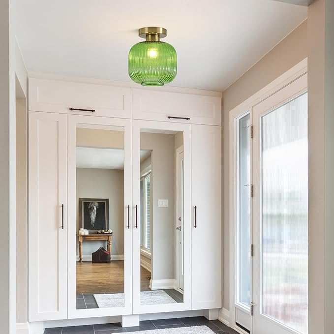 BOKT Modern Semi Flush Mount Ceiling Light with Green Glass Shade Minimalism Gold Ceiling Light 7.9 Inch Close to Ceiling Lamp for Corridor Kitchen Living Room
