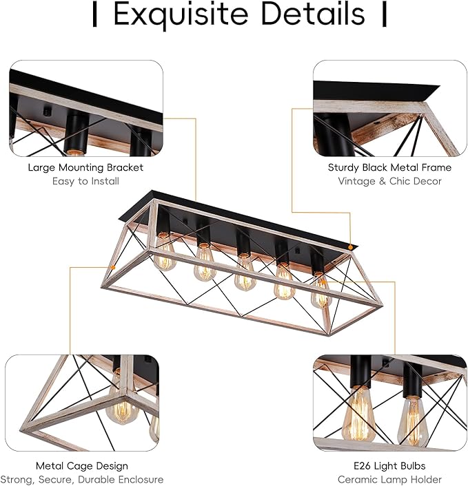 31.5" Large Flush Mount Ceiling Light Fixture, X-Shaped Metal Cage Design, Dimmable 5-Light Close to Ceiling, Farmhouse & Vintage Industrial Style, for Dining Room, Kitchen Island, Living Room