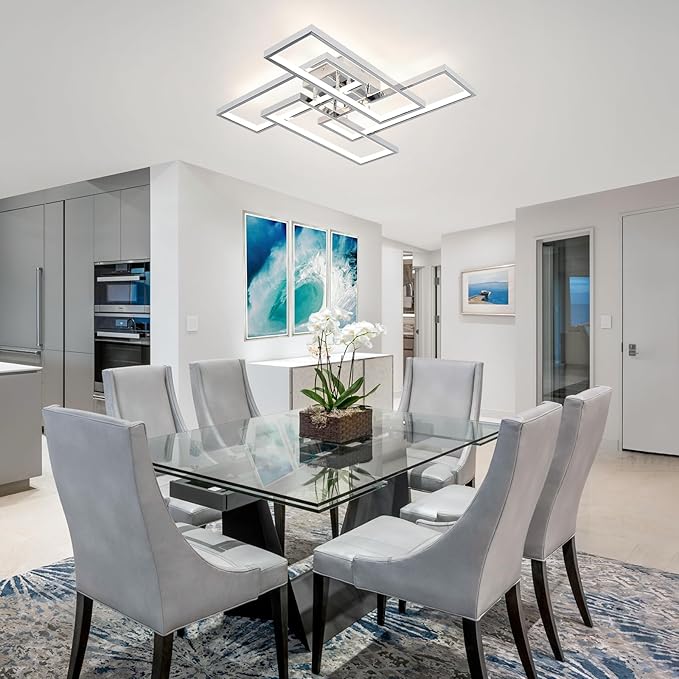 Dimmable Modern LED Ceiling Light, 4-Square Modern Ceiling Lighting for Living Room with Remote Control 26In Chrome Bedroom Ceiling Lights Fixures for Kitchen, Bathroom, Dining Room