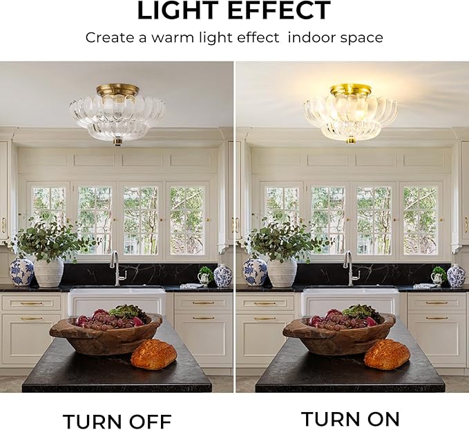 Semi Flush Mount Ceiling Light Fixture Vinatge Gold Ceiling Lights Mid Century Modern Clear Glass Close to Ceiling Lighting Fixtures for Bedroom Hallway Foyer Bathroom Kitchen Laundry Room Nursery