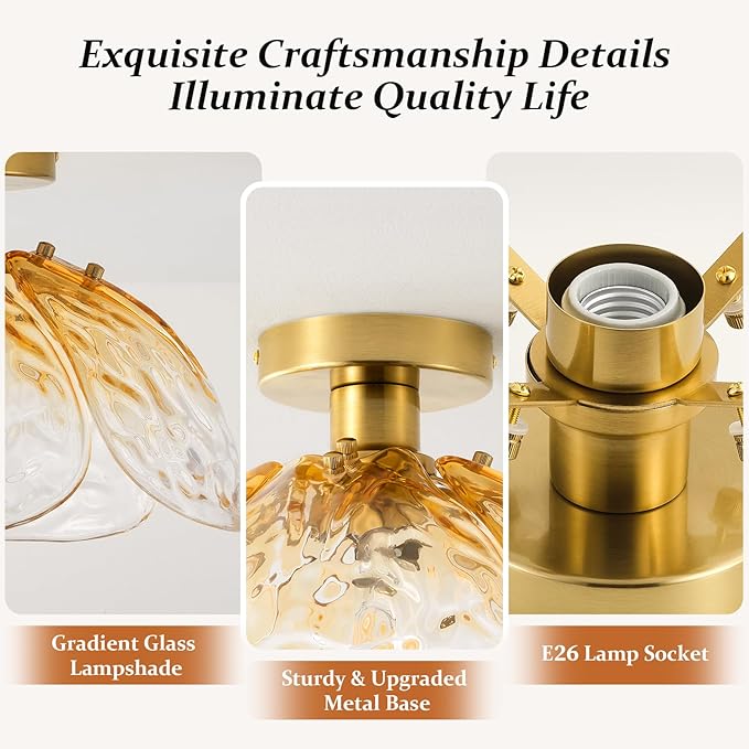 Vintage Semi Flush Mount Ceiling Light,Bronze Ceiling Light Fixtures with Gradient Amber Handmade Leaf Glass for Bedroom,Kitchen,Hallway,Entryway