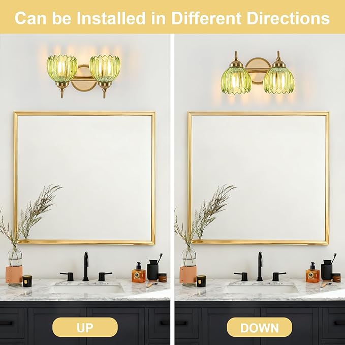 Vintage Bathroom Light Fixtures, Brass Vanity Lights with Green Tulip Glass Shade, Vanity Sconces for Bathroom Bedroom Living Room Hallway, 2-Light