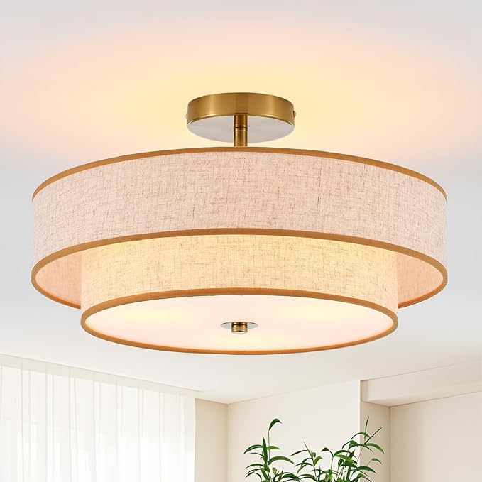 3-Light Drum Semi Flush Mount Ceiling Light, 18" Modern Gold Ceiling Lighting Fixture, Vintage 2-Tier Linen Ceiling Lighting for Living Room, Bedroom, Kitchen, Dining Room, Hallway, Entryway