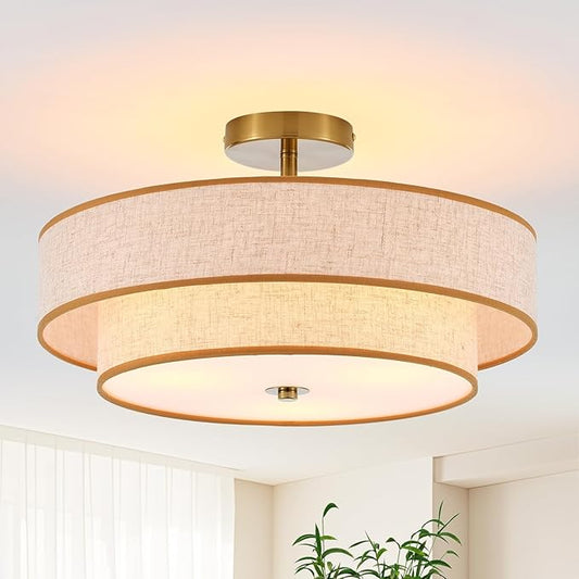 3-Light Drum Semi Flush Mount Ceiling Light, 18" Modern Gold Ceiling Lighting Fixture, Vintage 2-Tier Linen Ceiling Lighting for Living Room, Bedroom, Kitchen, Dining Room, Hallway, Entryway