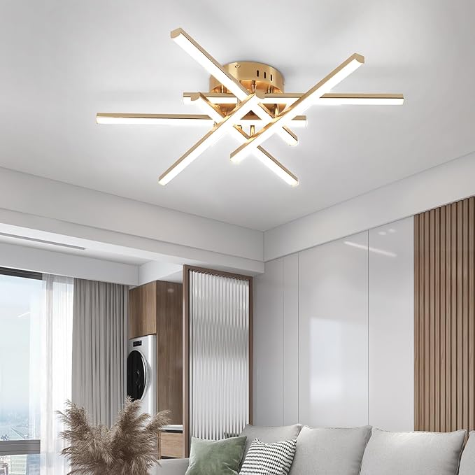 CANEOE Modern Led Ceiling Light,6-Lights Gold Sputnik Semi Flush Mount Ceiling Light, Modern Chandelier Ceiling Lighting Fixtures for Bedroom Living Room Dining Room Kitchen Office Ceiling Lamp