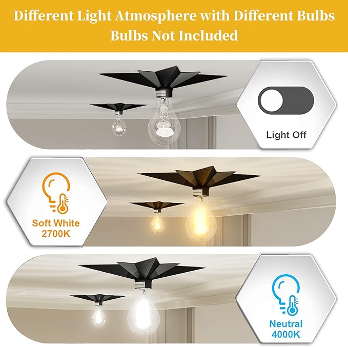 2 Pack Black Flush Mount Ceiling Light - 11.8 inch Star Lights Fixture Hallway Lighting Fixtures Ceiling Flush Mount Light Fixture for Kitchen Bathroom Bedroom Laundry Room (Bulb not included)