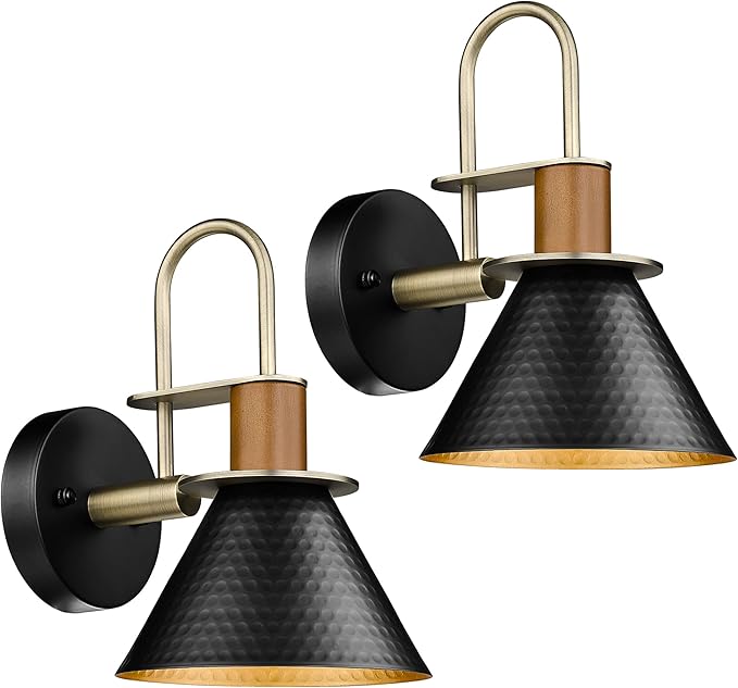 Modern Wall Sconces Set of Two, HWH Industrial Sconce Wall Lighting Indoor Wall Lamp, 1-Light Barn Vanity Light, Hammered Metal Shade, Black and Gold Finish, 5HZG74B-2 BK+BG