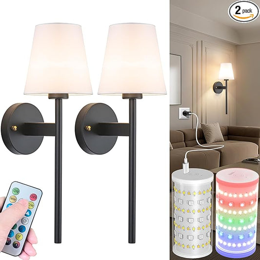 Battery Operated Wall Sconces Set Of 2, Wireless Battery Wall Light With 10000mAh RGB Rechargeable Magnetic Bulb, Rechargeable Wall Sconce With Remote Control For Bedroom, No Electrician Required