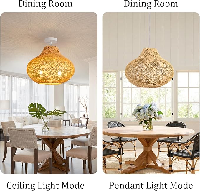 2-Light Rattan Pendant Light,14.96" Hanging Light,Round Wicker Pendant Light Hand-Woven Rattan Chandelier for Workplace Dining Living Bedroom Kitchen Farmhouse 1-Pack