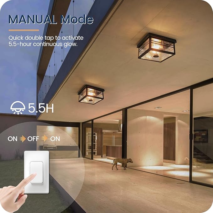 Infrared Sensor Outdoor Ceiling Light, Flush Mount Motion Sensor Ceiling Light, 2-Light Black with Ripple Glass, Bulbs Not Included, 4 Modes, for Porch, Garage, Hallway, Patio,BS07XD05W1