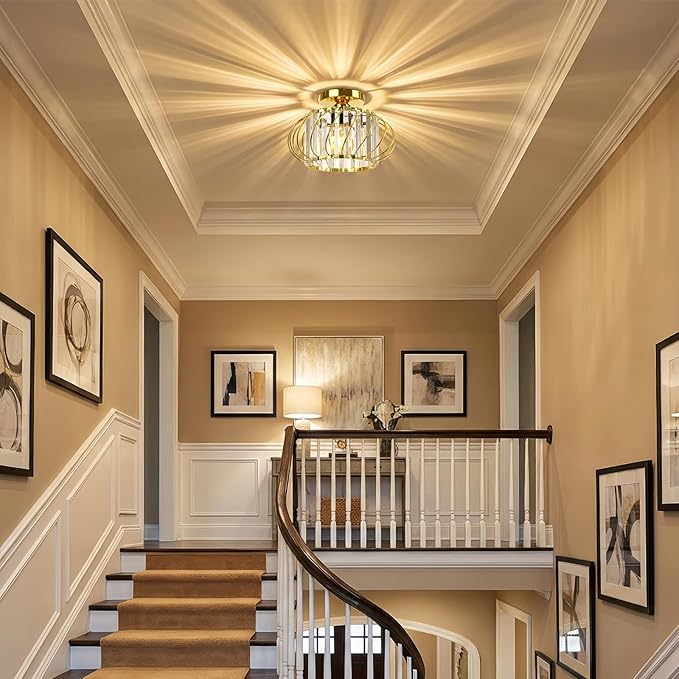 Gold Crystal Ceiling Light Fixture - Small Crystal Chandelier Semi Flush Mount Ceiling Light Modern Hallway Lights fixtures for Entryway Bedroom Porch Kitchen (11 Inch, Bulb not Included)