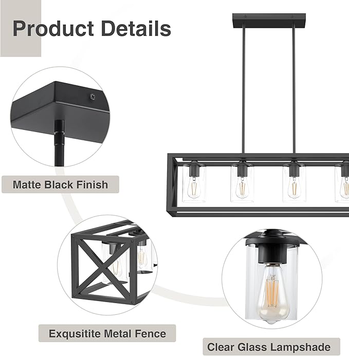 Espird Farmhouse Dining Room Light Fixture - 4 Light Kitchen Island Lighting with Adjustable Height & Thickened Metal Dining Room Light Fixture Over Table，Chandeliers for Dining Room&Kitchen Island
