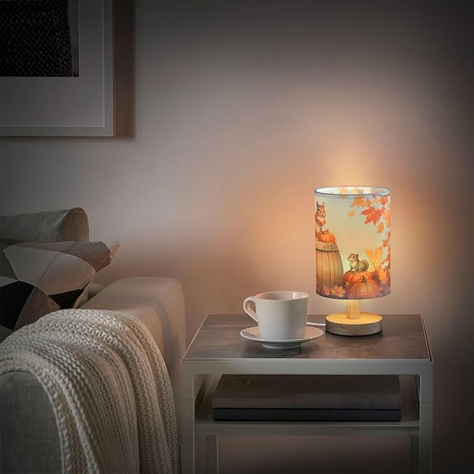 Aslsiy Fall Squirrel Pumpkins Maple Bedside Table Lamp Autumn Nightstand Lamp Night Light Fabric Shade for Bedroom Living Room Home Office