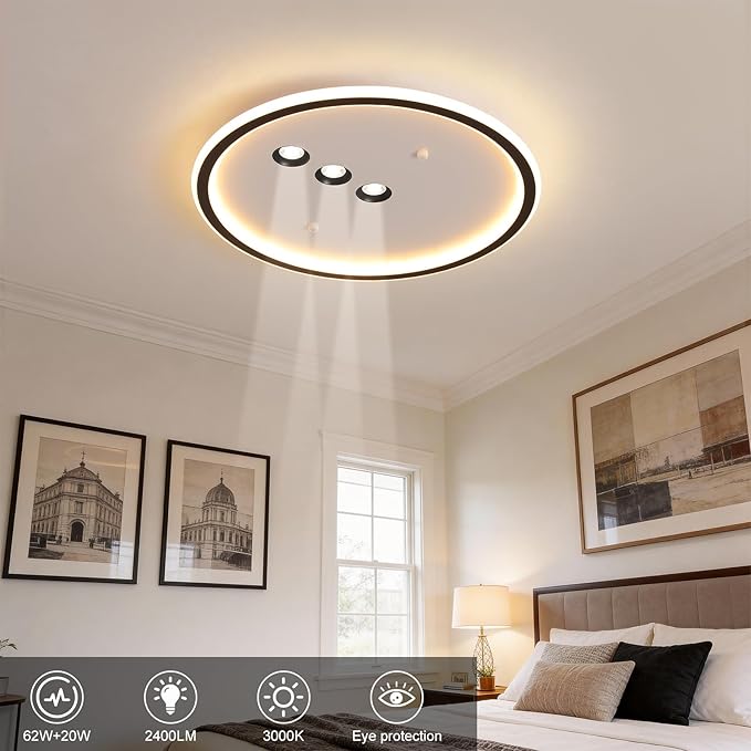 Modern Round LED Flush Mount Ceiling Light with Black Finish & 3 Adjustable Spotlights, Dimmable Soft Glow Ceiling Lighting for Living Room Bedroom Hallway