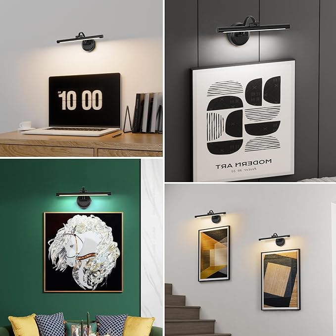 Tassuowell Rechargeable Picture Light for Wall, Cordless Art Lights Battery Operated, Dimmable Wall Light with Remote & Timer, 3 Color Modes for Paintings, Gallery, Artwork(Black, 15.7inch)