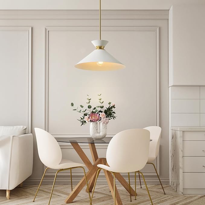 GLOBE Electric 1-Light Pendant Light, Matte Brass Finish, White Tapered Metal Shade with Ring Detail, Adjustable Rods, Dimmable, E26 Base, 67000197