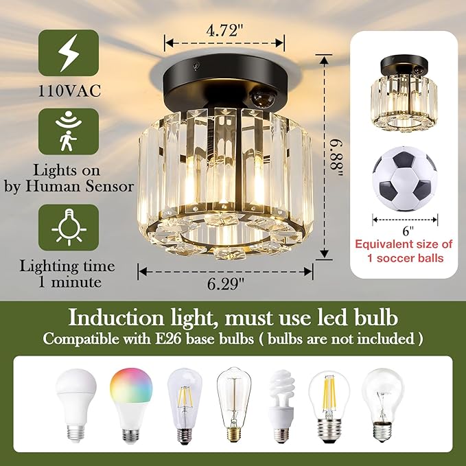 Indoor Motion Sensor Ceiling Light Fixture Modern Small Crystal Semi Flush Mount Ceiling Light Black Mini Round Chandelier for Hallway Closet Entryway Bathroom Kitchen