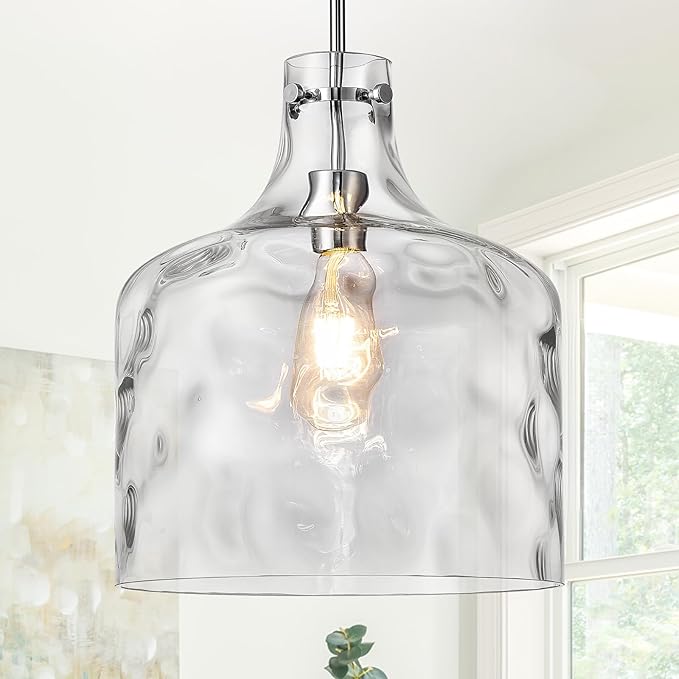 Farmhouse Pendant Light – Hand-Blown Clear Hammered Glass Shade, Chrome Finish, Adjustable Chain Hanging Fixture for Kitchen Island, Dining Room & Hallway, 15" H x 12" D