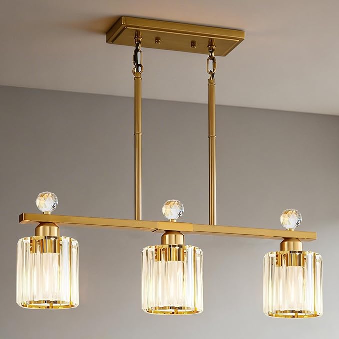 Crystal Island Light for Kitchen Over Table,Gold Linear Pendant Light for Dining Room Light Fixture,3-Lights Ceiling Hanging Chandeliers Dining Room Lighting Fixture with Luxury Crystal Shade