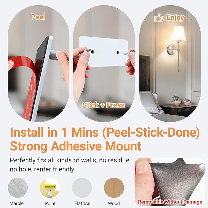 Peel and Stick Wall Sconces, Stick On Wall Sconce Set of 2, Battery Operated Wireless Adhesive Wall Lights, Corn Bulb with 10000mAh Battery, Easy Install for Bedroom Living Room Wall Decor