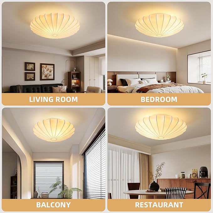 ziidoo 3-Light Semi Flush Mount Ceiling Light,23.6in White Imitation Silk Wabi Sabi Round Lantern 3000K Modern Close to Ceiling Light fixtures for Bedroom Living Room Entryway Hallway