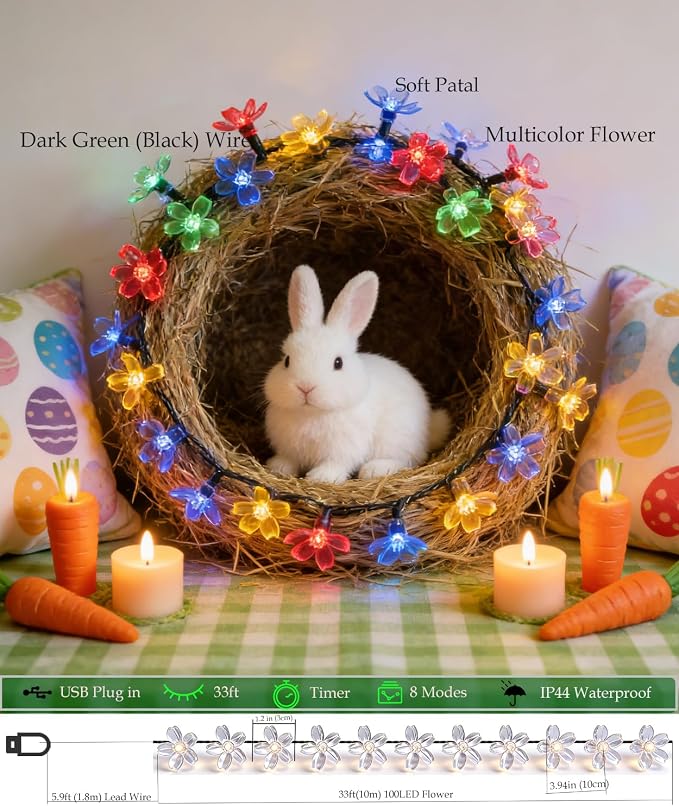 Pastel Flower Fairy Lights String with Timer for Easter Christmas Decor, | USB plug in 8 modes multicolored cherry blossom lights for wedding, Christmas Easter, bedroom, indoor outdoor decorations