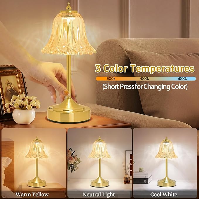 Cordless Table Lamp, Rechargeable 5200mAh Battery Lamp, Flower-Inspired Crystal Small Cordless Lamp with 3 Color Dimmable Touch Control for Bedroom Nightstand Living Room Decor