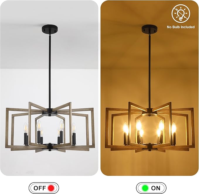 Klgxnrd 8-Light Modern Farmhouse Chandelier, Vintage Geometric Dining Room Lighting Hanging, Industrial Chandelier for Kitchen Island Entryway Foyer Stairway, Retro Wood Texture and Black Finish
