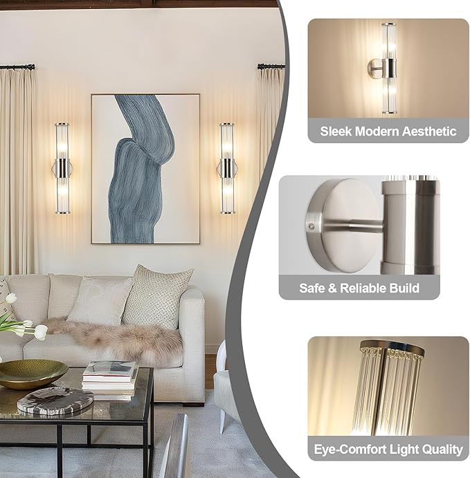 Dual Sconce Vanity Set of 2, Brushed Nickel Wall Light with Clear Glass Rods Shape, Industrial Vanity Lighting for Bathroom Mirror and Modern Bedroom