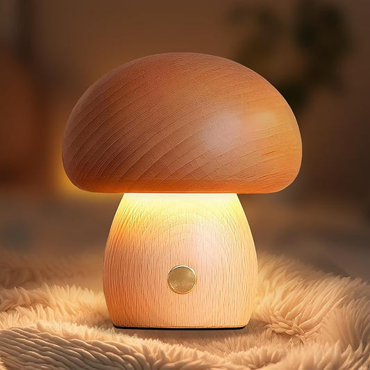 WLHONG Small Wood Table Lamp - 3000K Dimmable LED Nightstand Lamps for Bedroom,Mini Portable Desk Lamps for Home Dorm Office Creative Lighting Housewarming Gifts Night Light (Mushroom)
