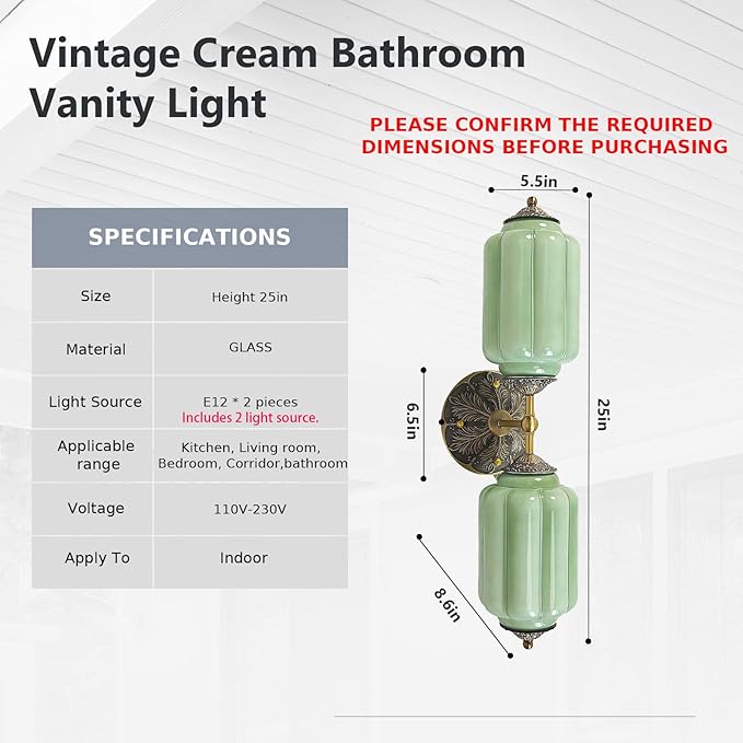 Vintage Milk Glass Bathroom Vanity Light - 2-Light Wall Sconce with Brass Finish Base & Green Glass Shade - Wall Sconce Lighting for Mirror, Kitchen, Living Room, Gallery (Bulbs Included) (Green)