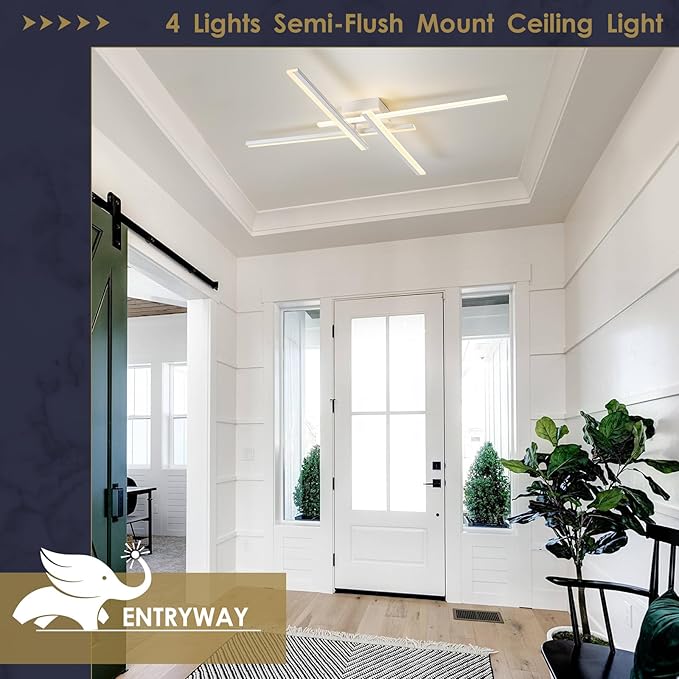 White Modern Led Chandelier 4-Lights Semi-Flush Mount Ceiling Lighting Fixture 35.4” Dimmable Remote Control Ceiling Light for Living Room Bedroom Kitchen Foyer