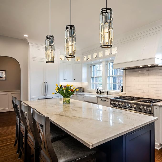 LMQNINE Pendant Lights Modern Black Pendant Light Mini Crystal Chandelier Pendant Lighting for Kitchen Island Dinning Room Bedroom Kitchen Sink Lighting (Black 3-Pack)