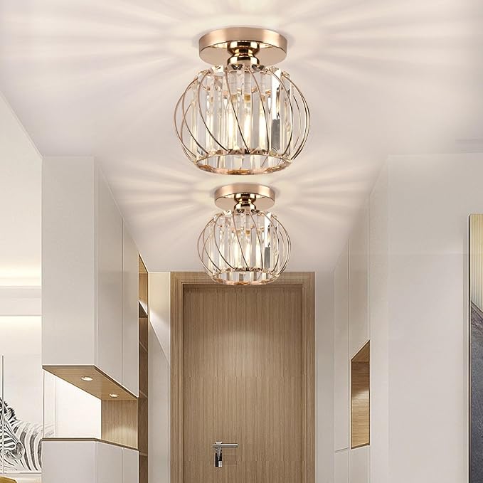 Crystal Ceiling Light, Crystal Semi Flush Mount Ceiling Light Gold Crystal Chandelier for Kitchen Hallway Entrance Balcony Dining Rooms Living Rooms Bar Farmhouse