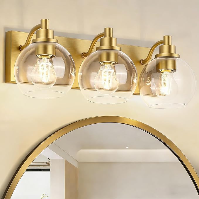 IZORRO Bathroom Light Fixtures, 3 Light Brushed Gold Vanity Light, Modern Wall Sconces with Globe Clear Glass Shade, Vanity Lighting Fixtures Over Mirror,E26 Bulb Socket