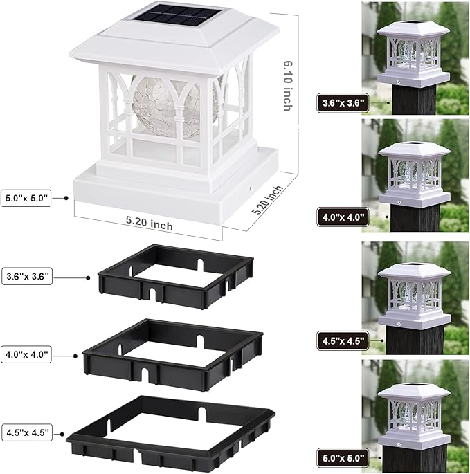 Solar Post Cap Lights, Warm White & RGB Automatic Cycling, Cracked Glass Bulb, 20 Lumens lP65 Waterproof Fit 3.6x3.6 4x4 4.5x4.5 5x5 Wood Fence Post Solar Powered Lights White (2 Pack)