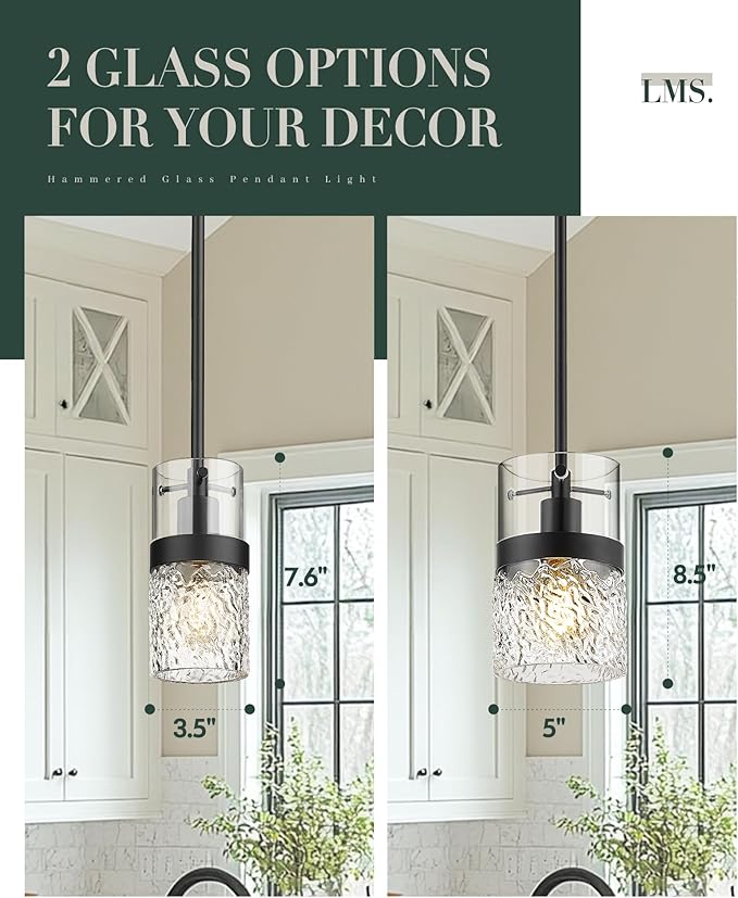 LMS 5 Inch Dia Black Pendant Light, Modern Hanging Lamp for Kitchen Island with Adjustable Rod, Medium Linear Light Fixtures with Hammered Glass, LMS-171PL-BKM