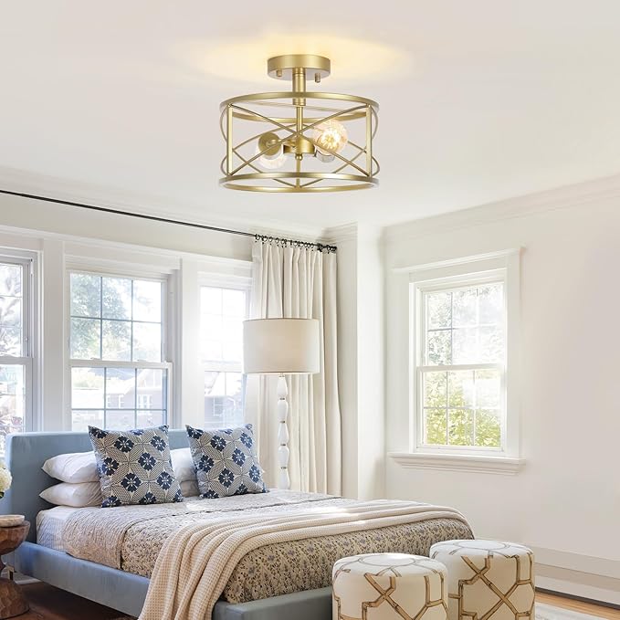 Gold Semi Flush Ceiling Light Fixture, 2-Light Farmhouse Flush Mount Light Fixtures, Modern Industrial Metal Cage Pendant Lighting for Hallway, Bedroom, Kitchen, Foyer, Living Room, Dining Room