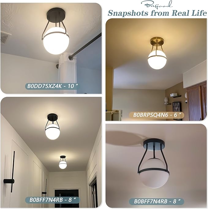 Bagood 10" Mid Century Ceiling Light Modern Semi Flush Mount Ceiling Light Fixture Globe Ceiling Light Fixture with Milk Glass Shade Matte Black Finish for Kitchen Island Hallway Foyer (Bulb Incl.)