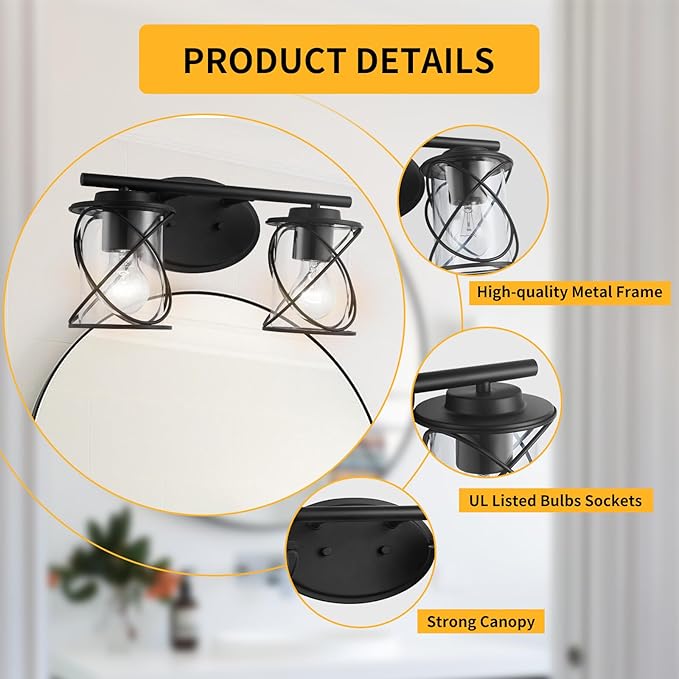 mavcadonf 2-Lights Vanity Lights, Bathroom Light Fixtures Over Mirror, Matte Black Vanity Light, Farmhouse Wall Lights with Clear Glass Shade, Bathroom Wall Lamp for Mirror Kitchen Bedroom