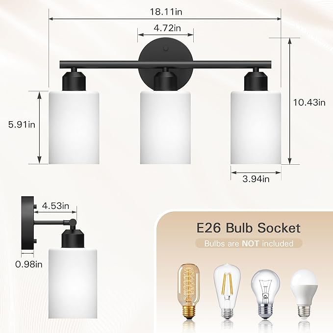 Espird Bathroom Vanity Light Fixtures Matte Black Bathroom Lighting Fixture, 3 Lights Bathroom Light Fixture Over Mirror, Modern Vanity Light, Wall Sconces with Milky White Glass Shades