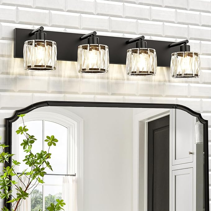 VOLISUN Crystal Vanity Lights for Bathrooms, 4 Light Bathroom Vanity Light, Modern Matte Black Bathroom Light Over Mirror, Black Bathrooms Lights Fixtures-UL Certificated(Exclude Bulb)