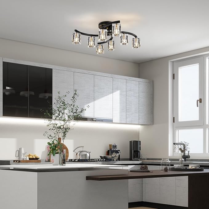 8-Light Semi Flush Mount Ceiling Light, Black and Gold Ceiling Fixture, Farmhouse Dining Room Light Fixture with K9 Crystal Shade, Modern Chandelier for Living Room,Bedroom,Entryway
