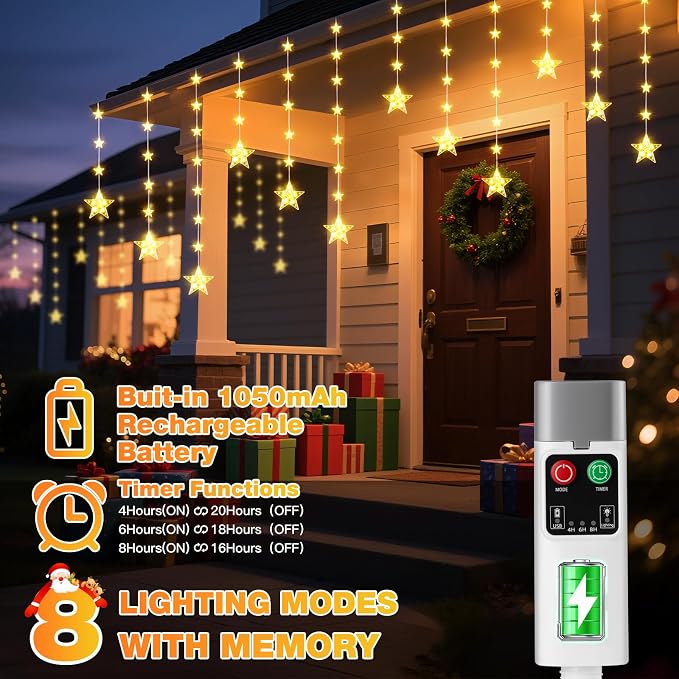 Rechargeable Stars Christmas Window Lights, IP65 Waterproof 90 LEDs 54 Stars Hanging Curtain Lights with 3 Timer Modes, Warm White Christmas Star Decoration for Indoor Outdoor Xmas Home Party Decor