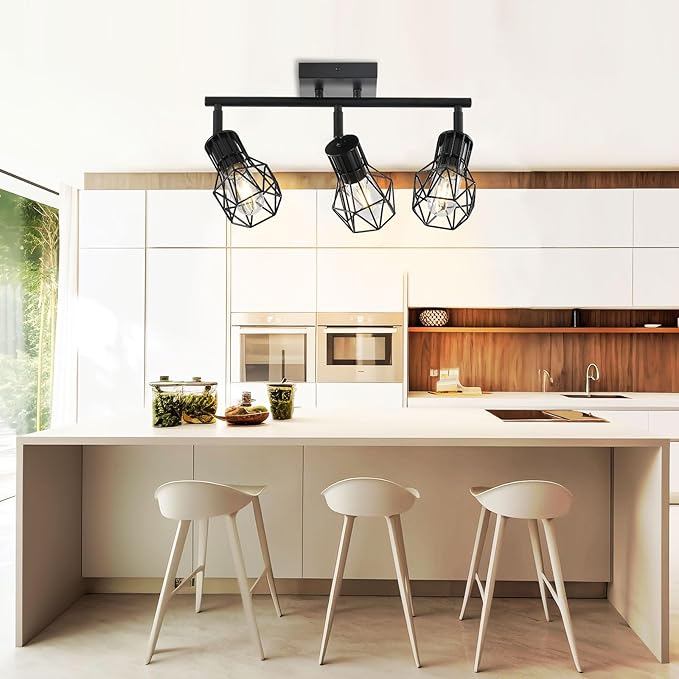 3 Light Track Lighting Fixtures Ceiling，Black Flush Mount Ceiling Light with E26 Lamp Head, Industrial Black Kitchen Track Lighting for Kitchen, Living Room, Dining Room, Hallway